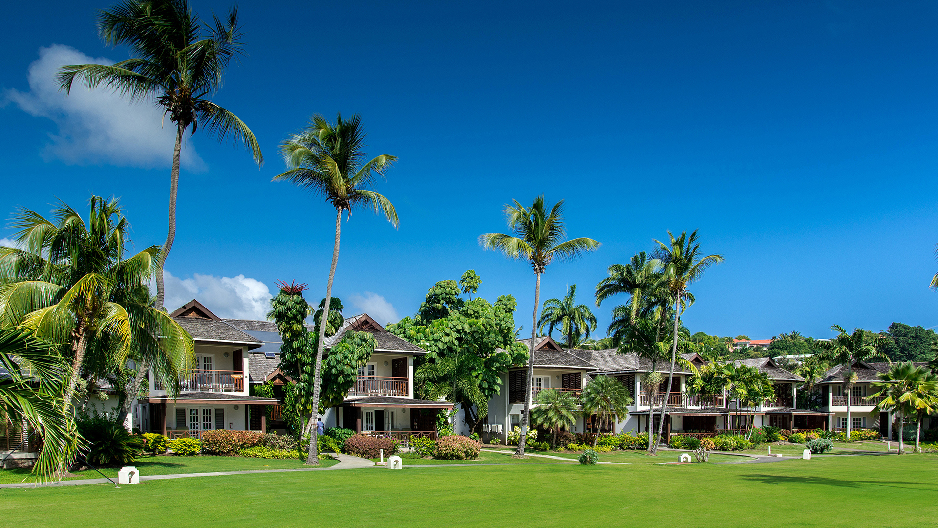 Caribbean & Mexico, Grenada, Calabash Hotel, An exterior view of the suites with flat green grass in front of them
