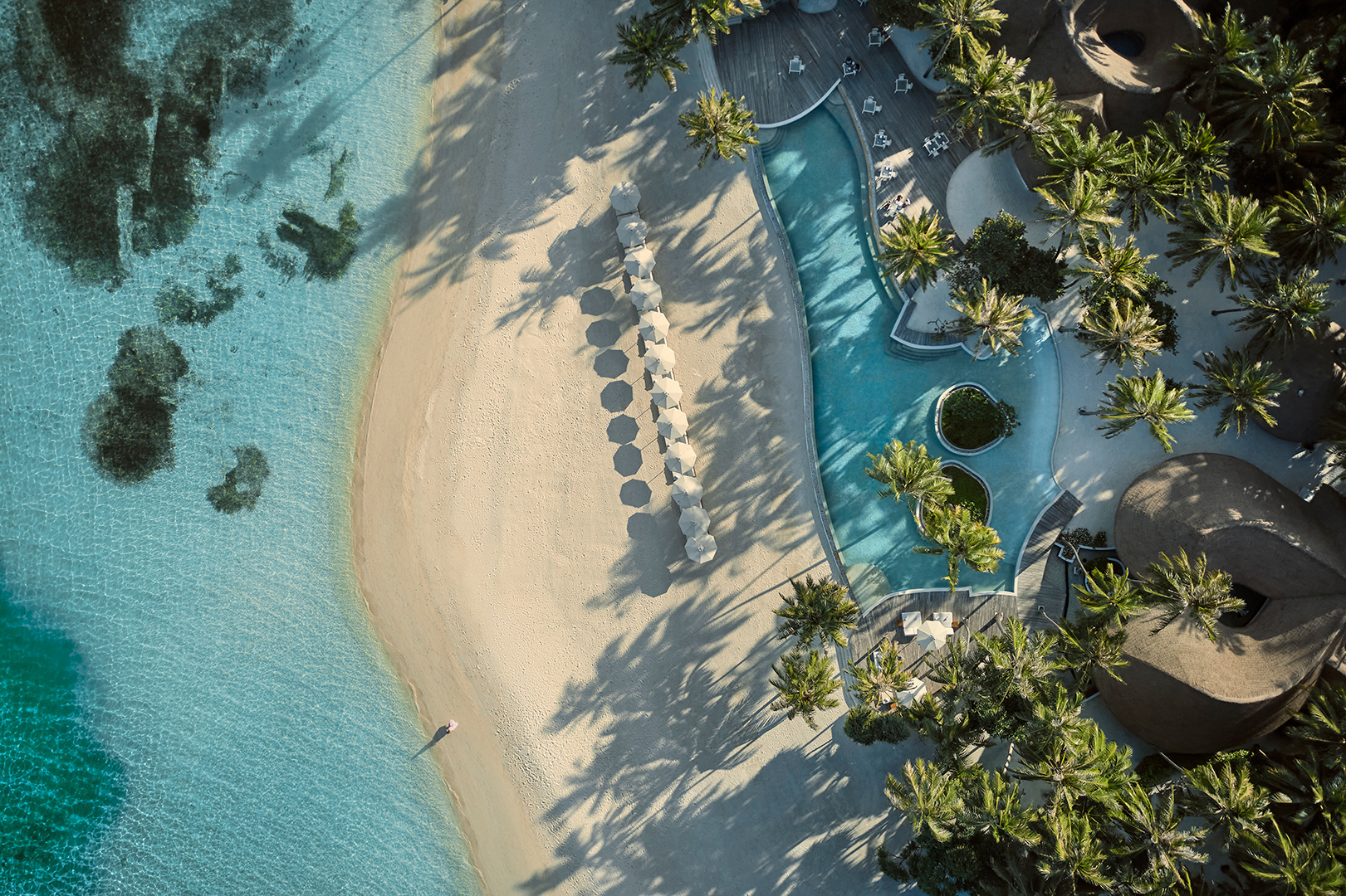 Indian Ocean, Maldives, COMO Maalifushi, Aerial of the beach