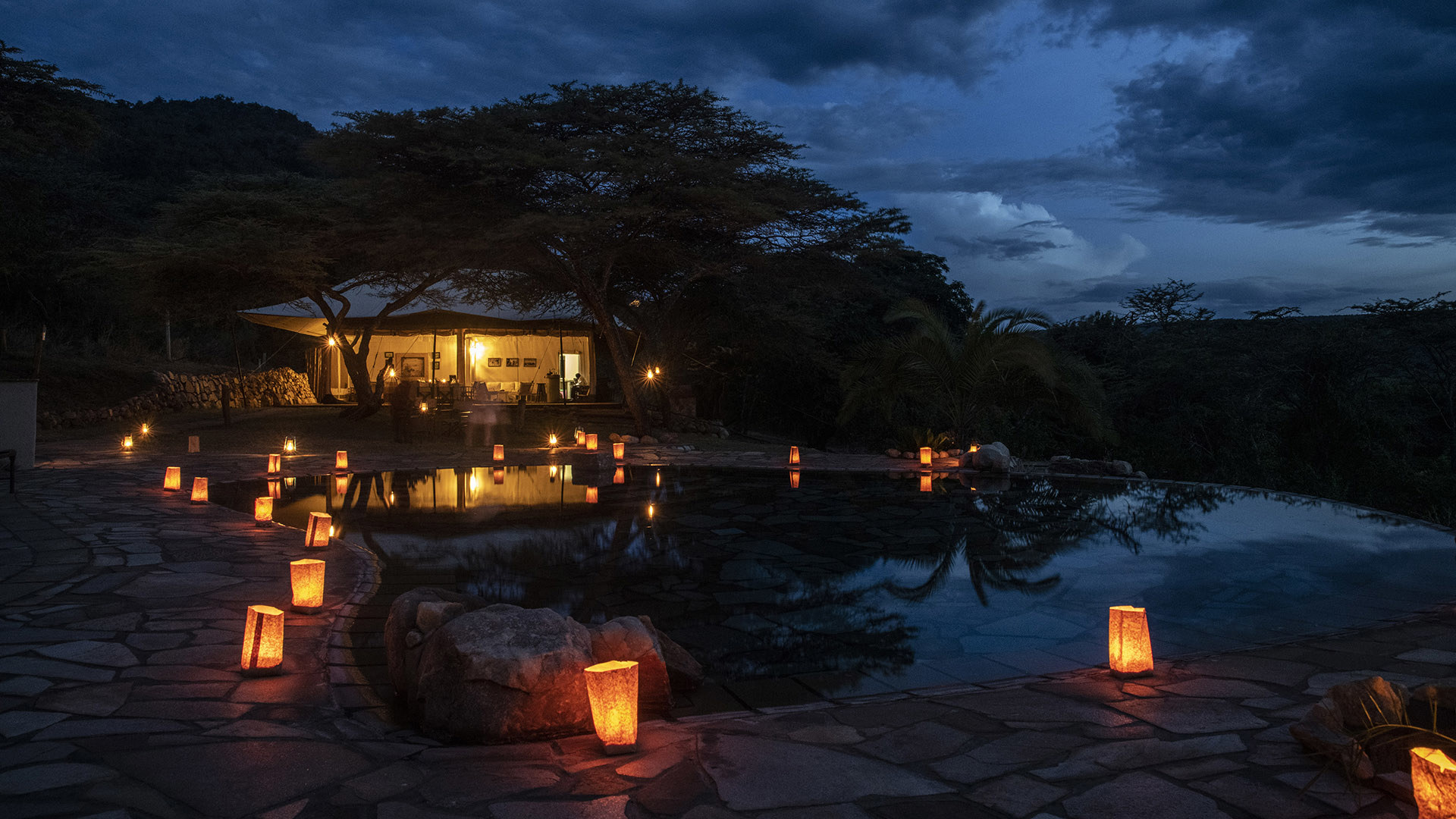 Africa, Kenya, Cottars 1920s Camp, Candlelight pool