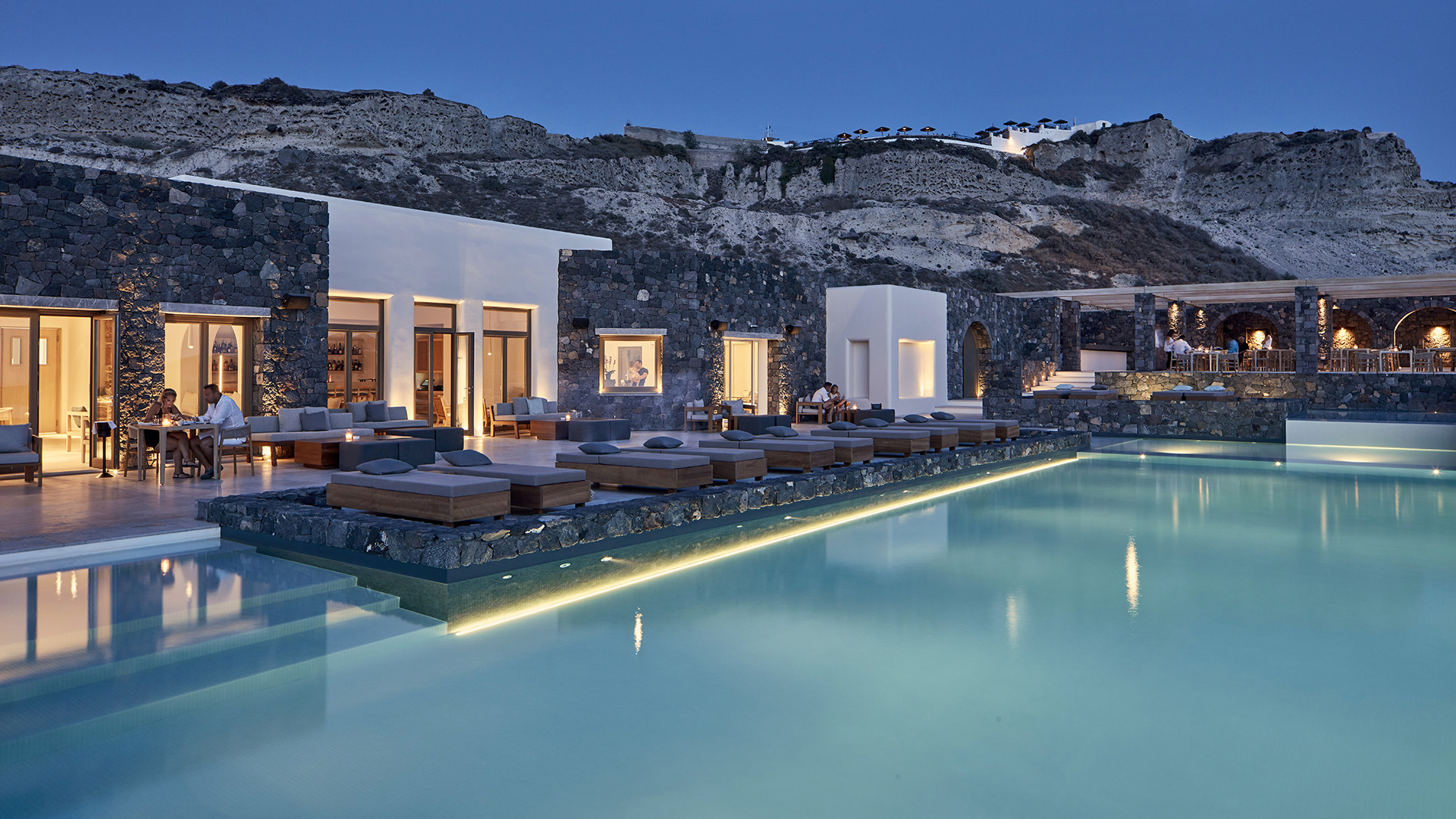 Europe, Greece, Santorini, Canaves Oia Epitome, Evening seating