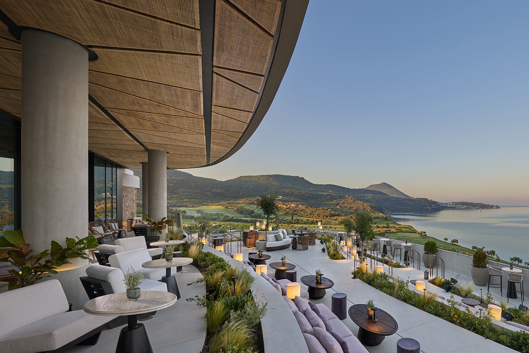 Europe, Greece, Mandarin Oriental Costa Navarino, Three Admirals terrace daytime