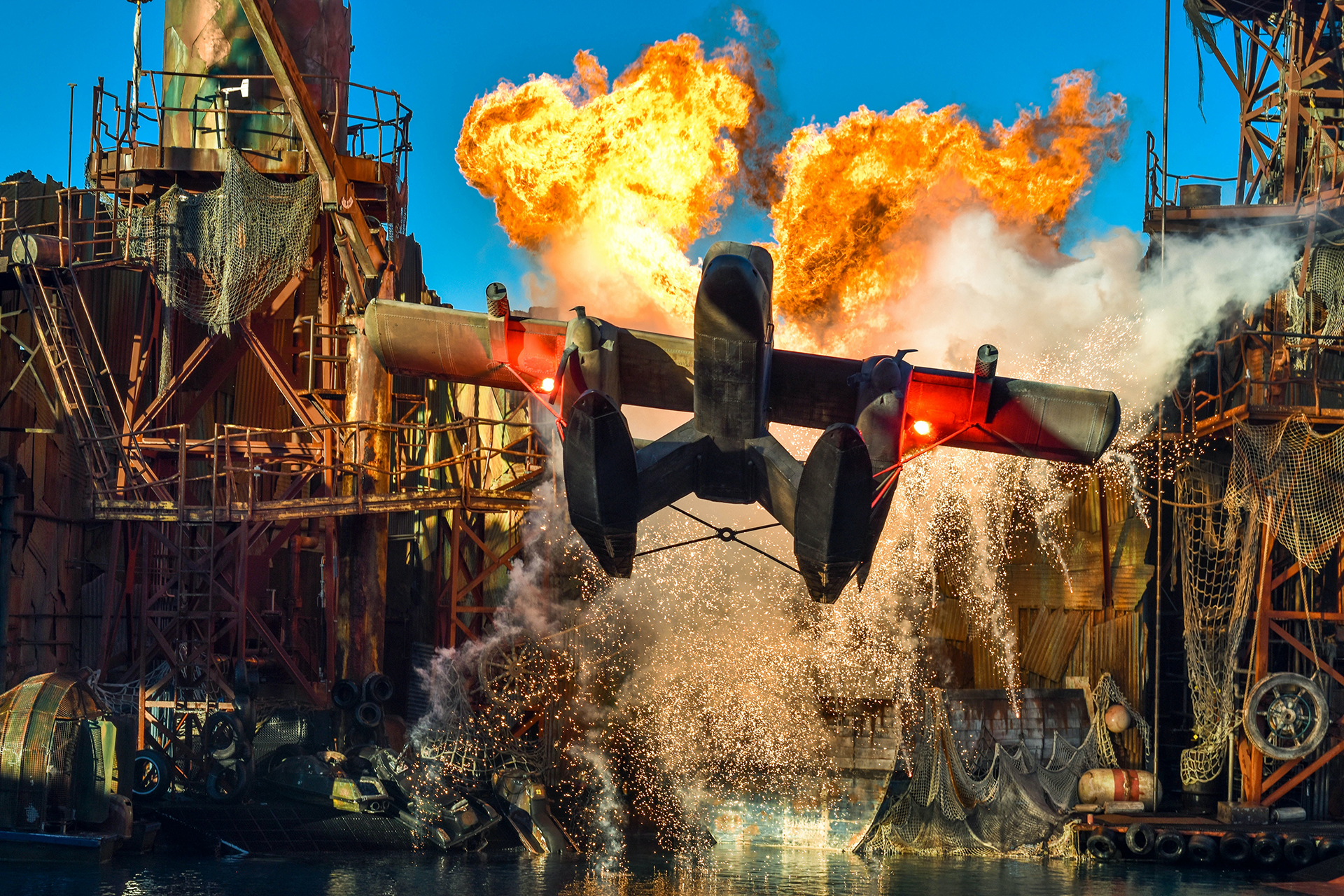The climactic scene from Universal Studios Hollywood’s “Waterworld” show.
