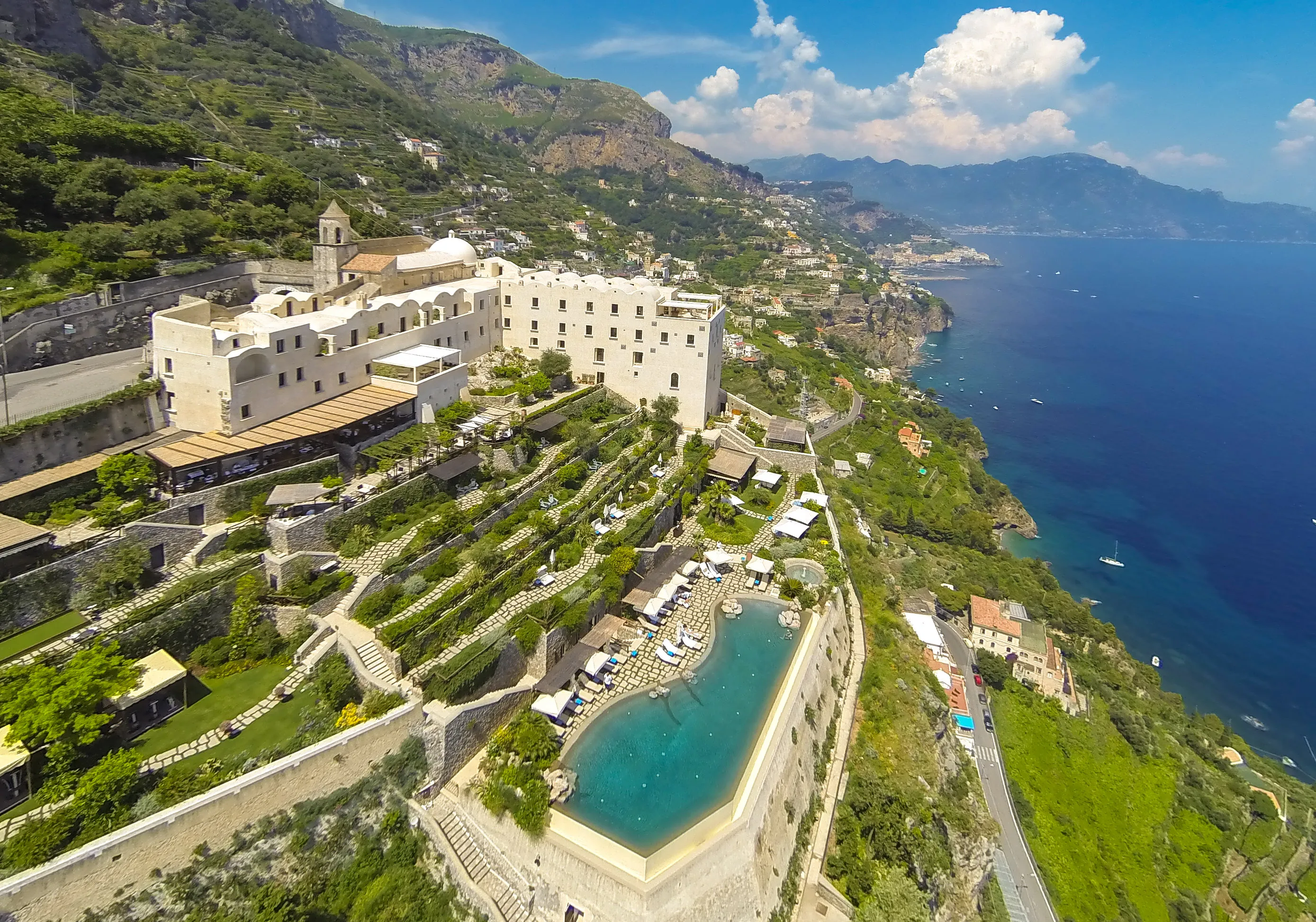 Europe, Italy, Amalfi Coast, Monastero Santa Rosa, Aerial image of the hotel grounds