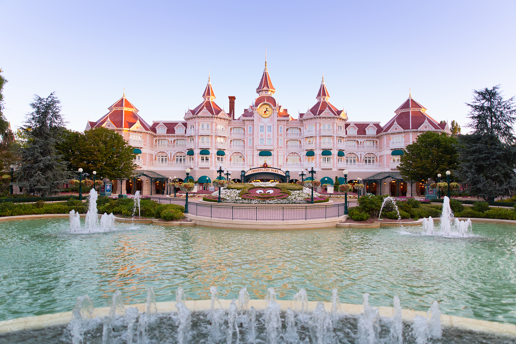 Europe, France, Paris, Disneyland® Hotel, hotel exterior with lake and water fountains