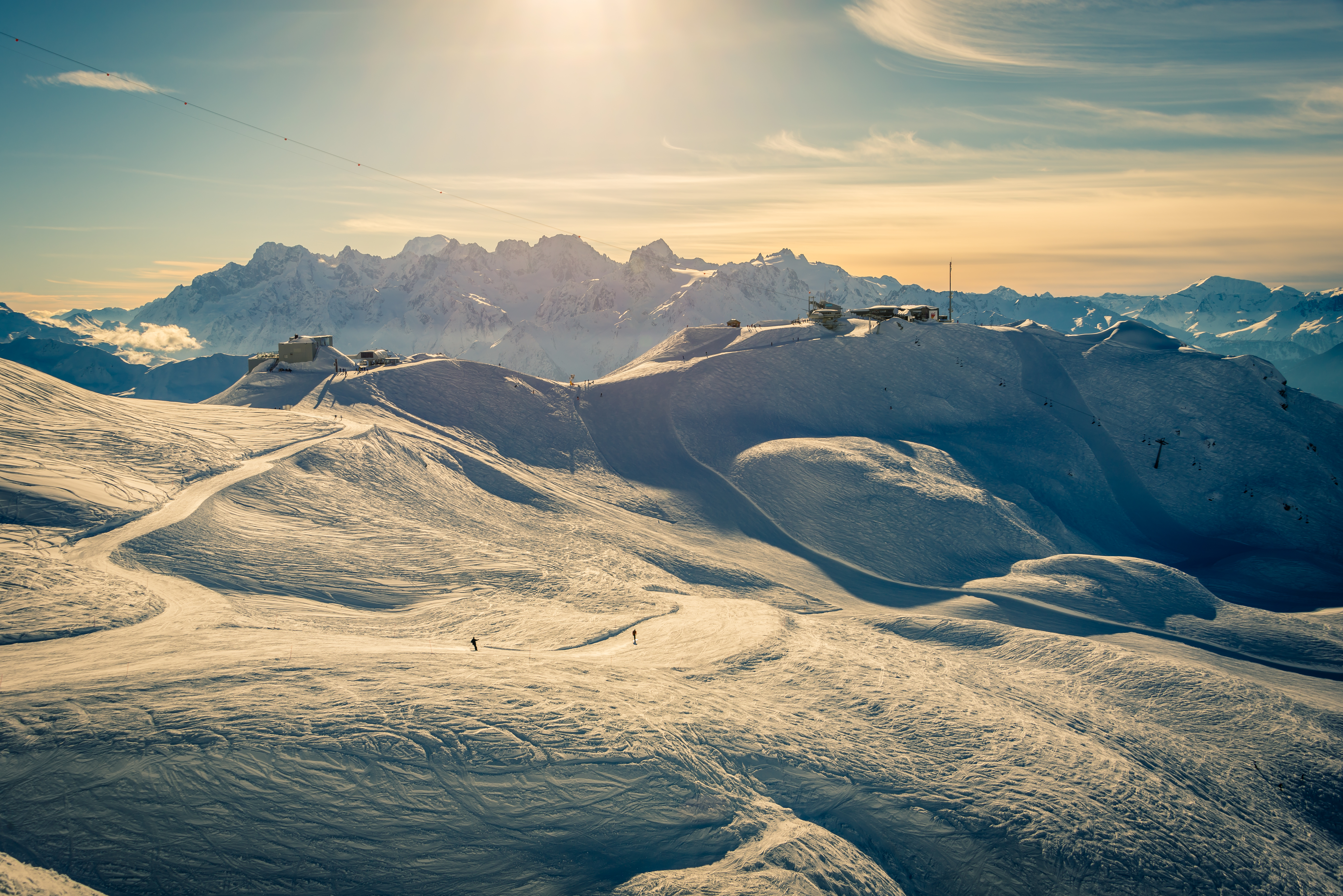 Sunset over Mont Blanc and the Chamonix range, seen from the top of the Verbier ski area in the Swiss alps