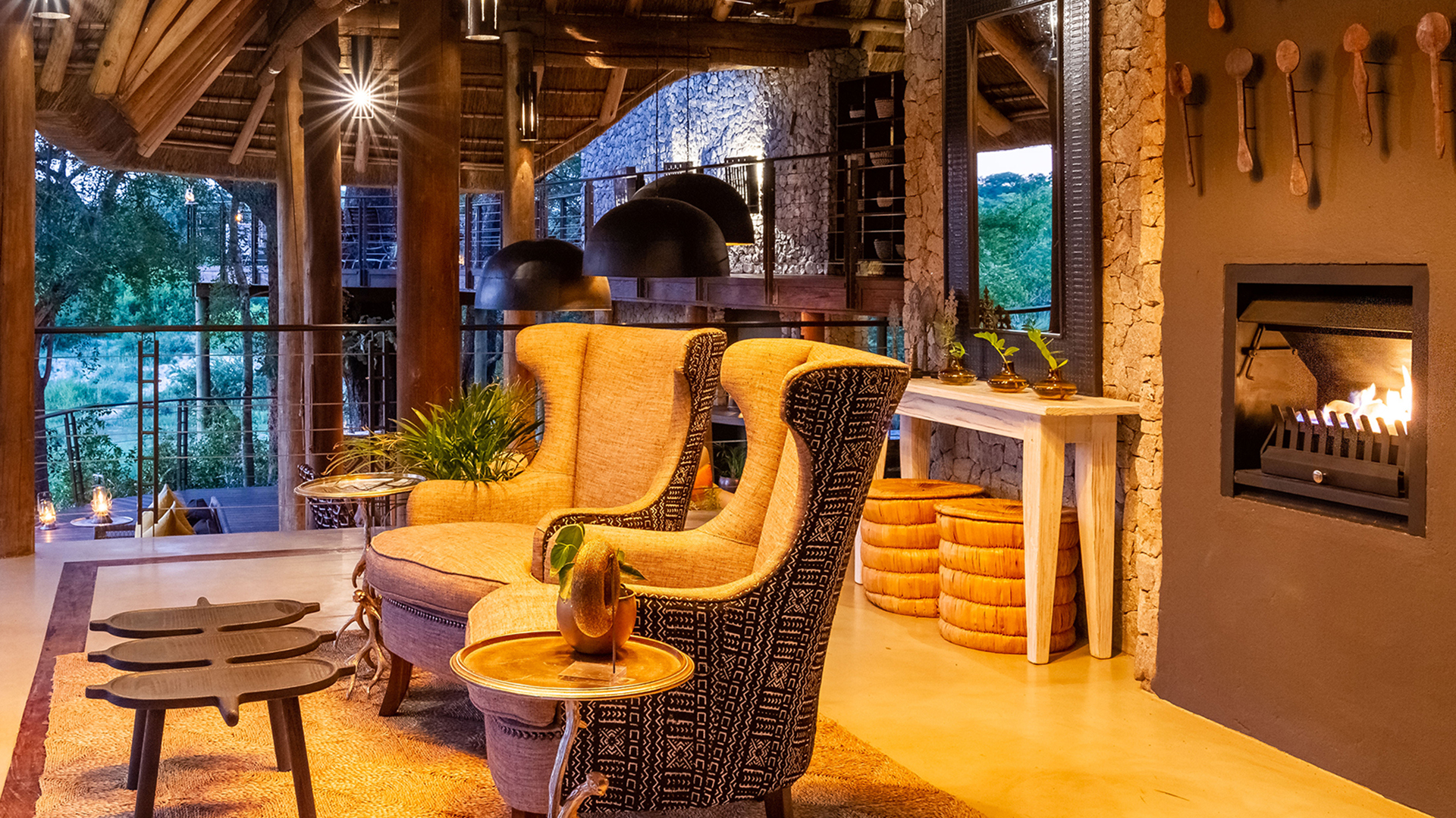  Africa, South Africa, Dulini Leadwood Lodge, Lodge Fireplace