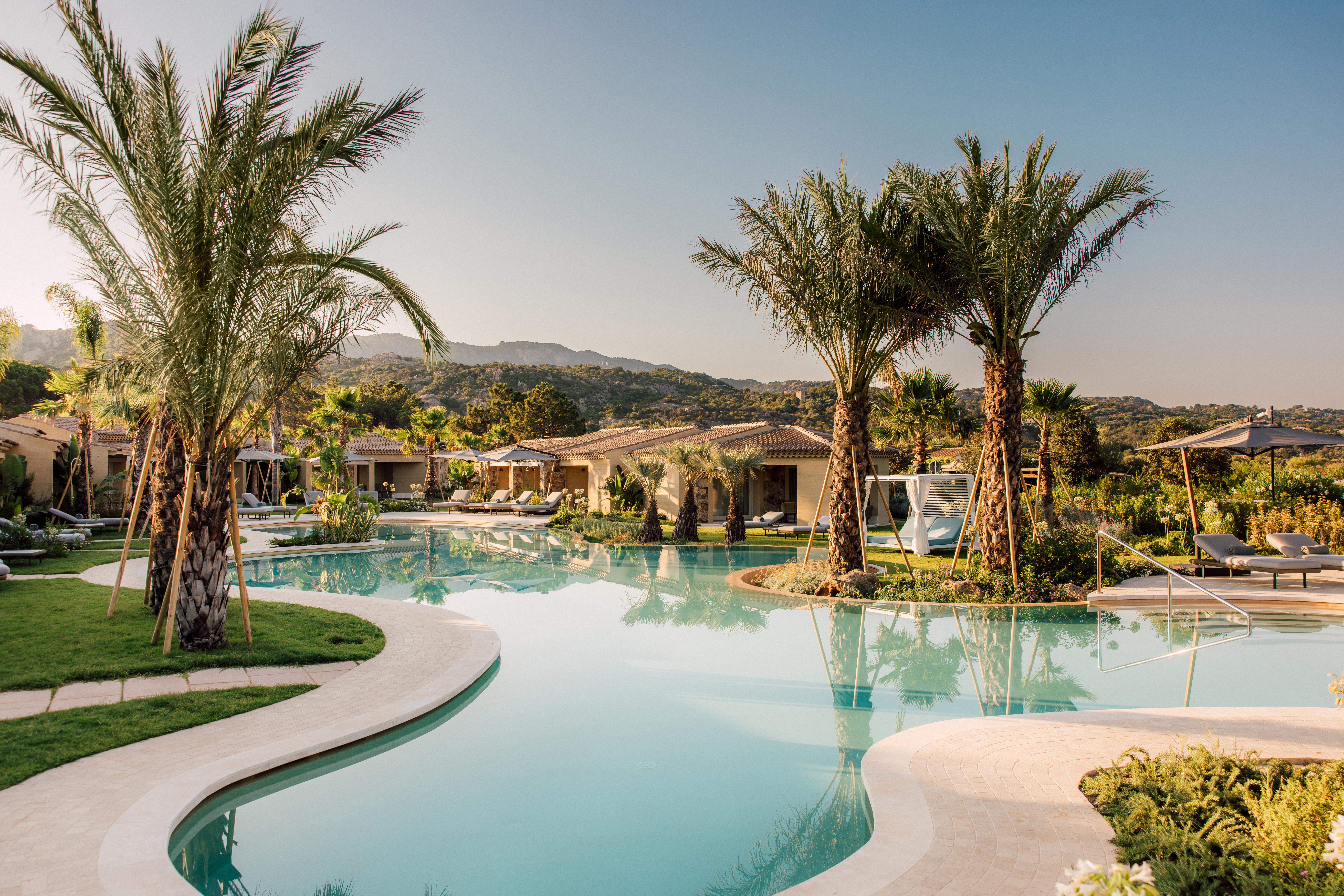A serene pool surrounded by palm trees and greenery with suites at one end beneath a clear sky